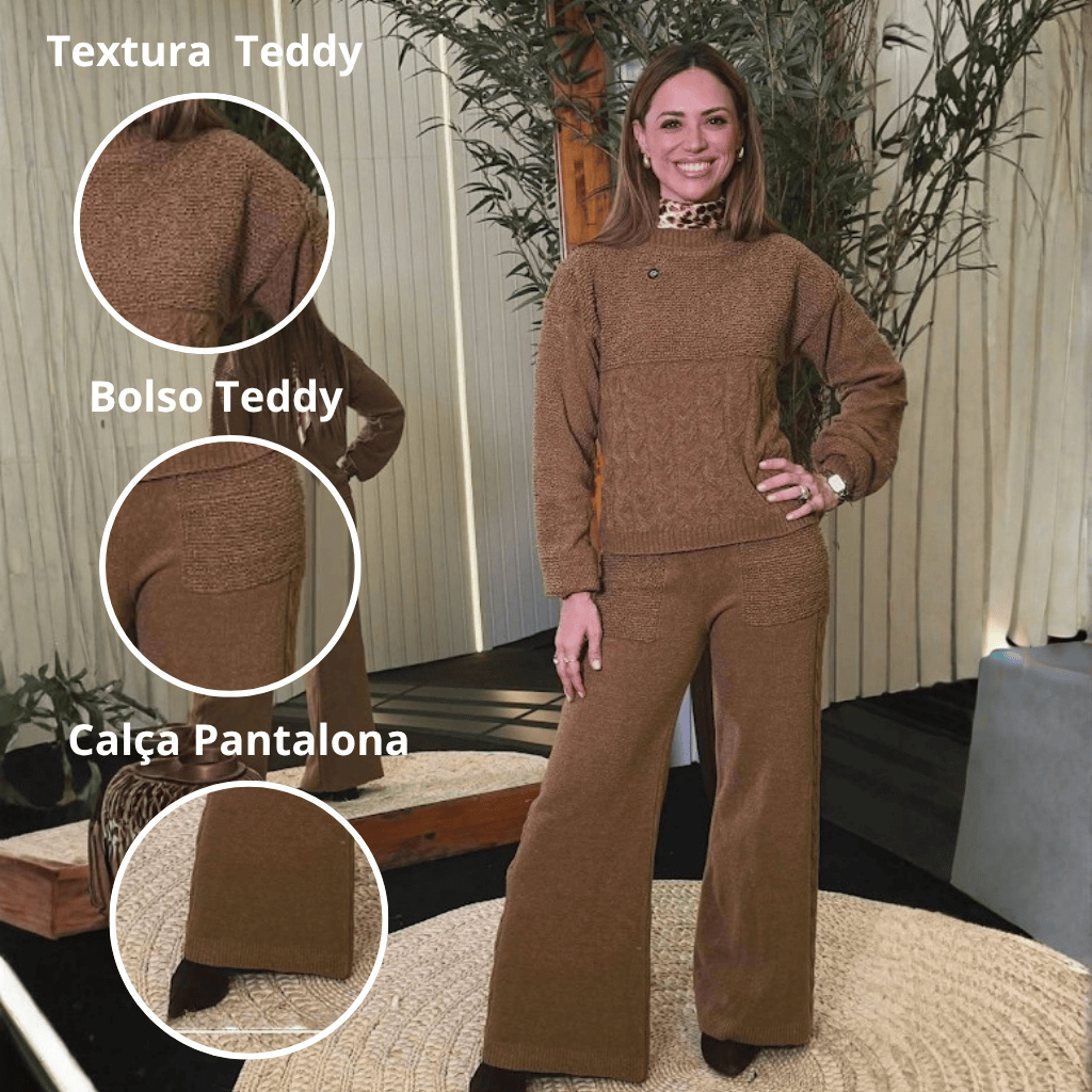 Conjunto Luiza Tricot Mousse Pantalona Detalhe Teddy com Bolso
