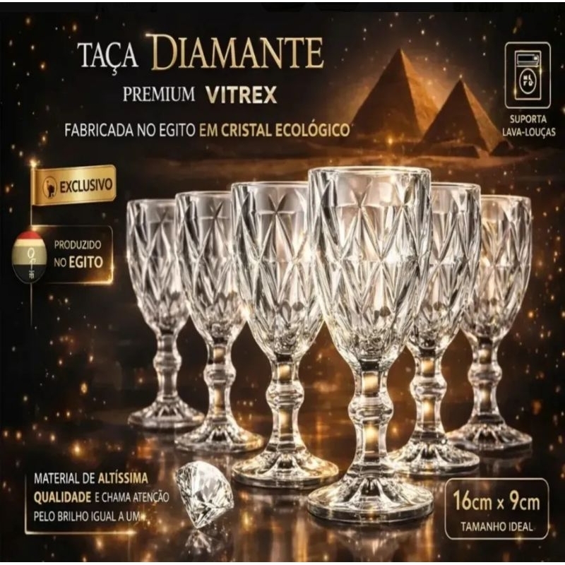 Jogo de 6 taças de cristal 340 ml Diamond transparente lapidado Vitrex