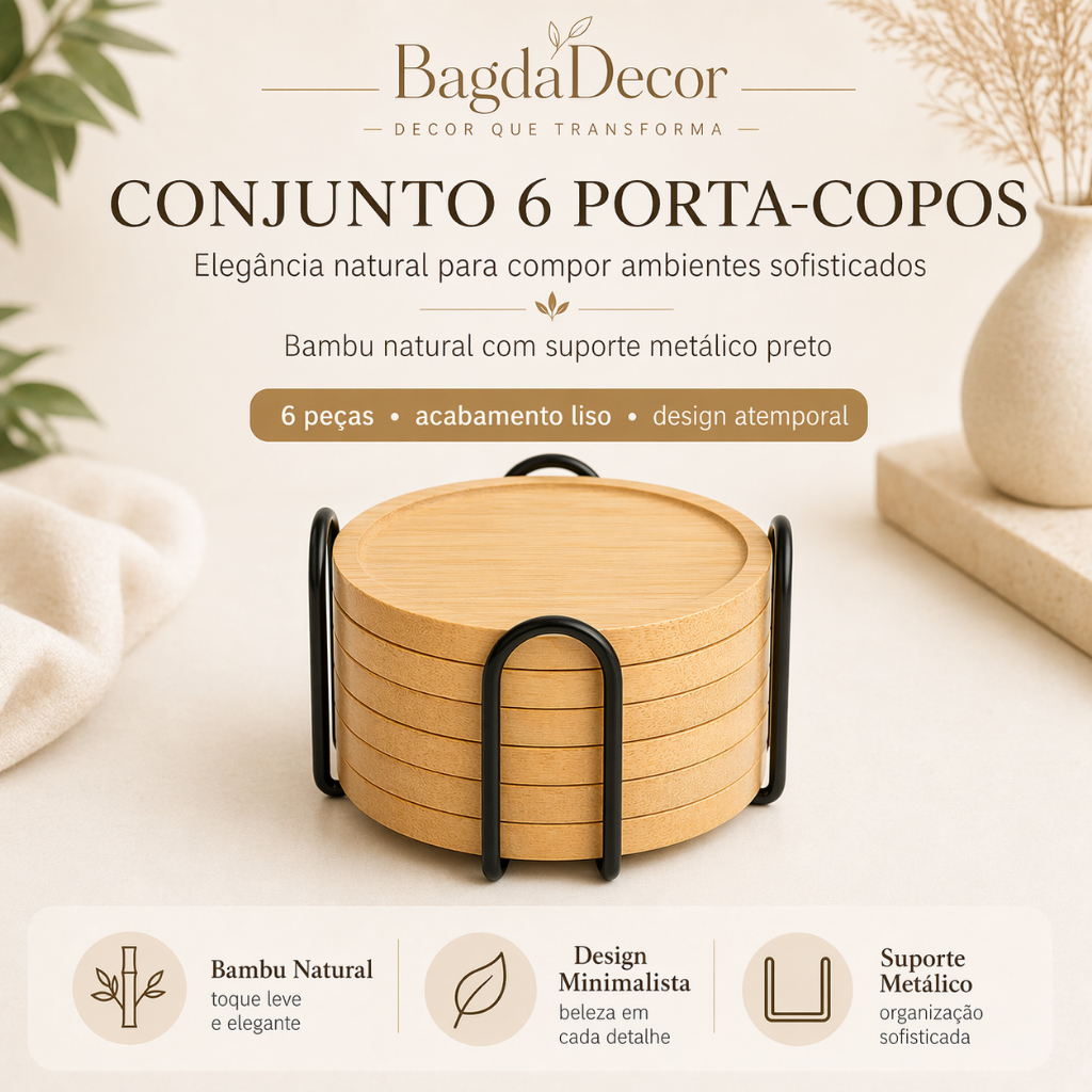 Porta Copo Bambu Redondo com Suporte de Ferro 4 ou 6 Unidades para Mesa, Cozinha, Sala e Bar
