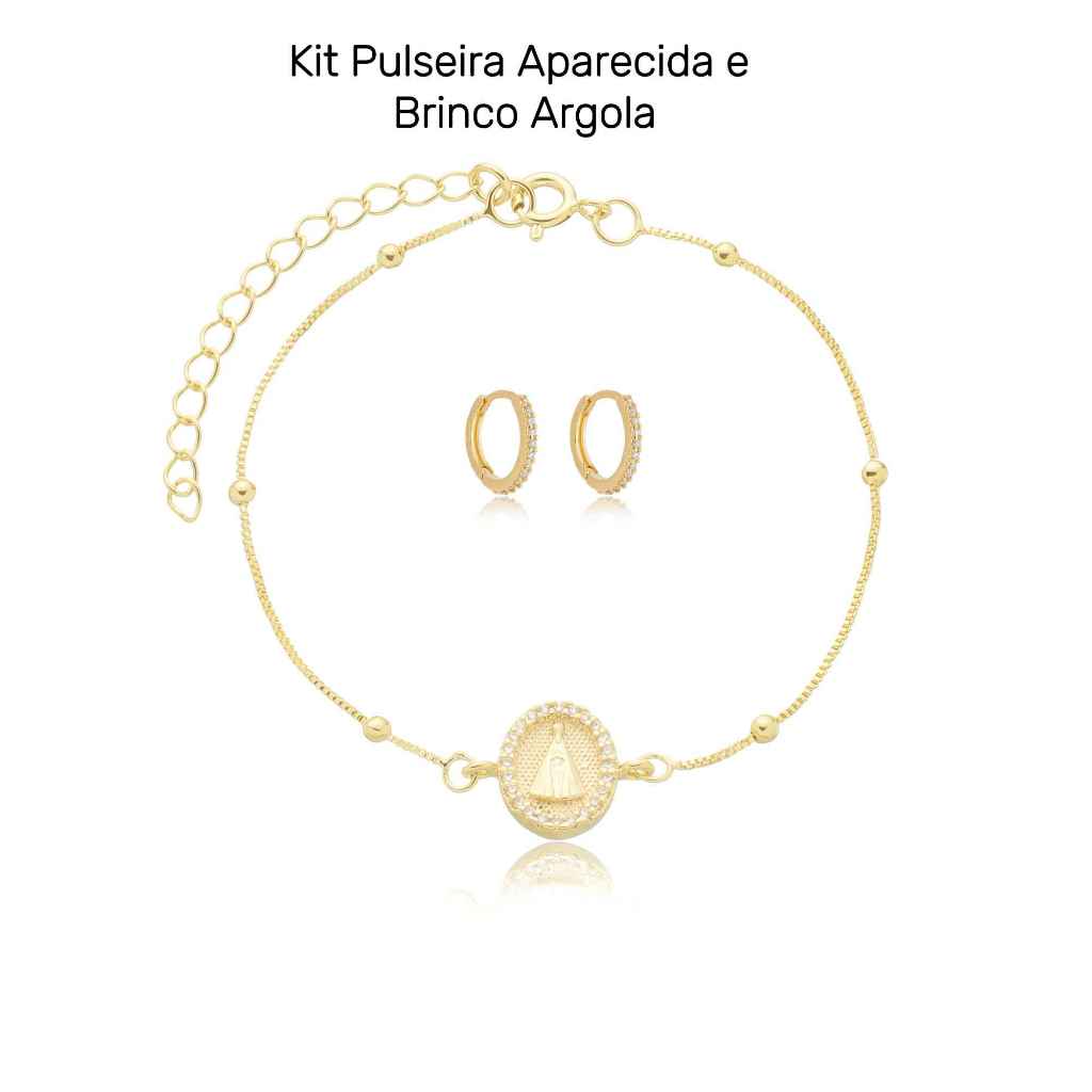 Kit Pulseira Medalha Nossa Senhora Aparecida E Brinco Argola Folheado A Ouro 18k