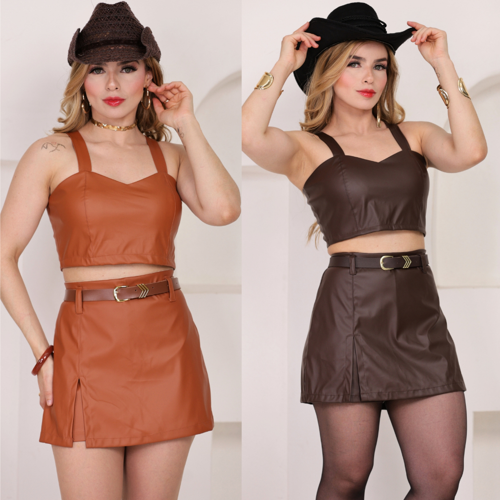 CONJUNTO COURO FEMINNO CROPPET + SHORT SAIA TENDENCIA 2026 LOOK UNICO