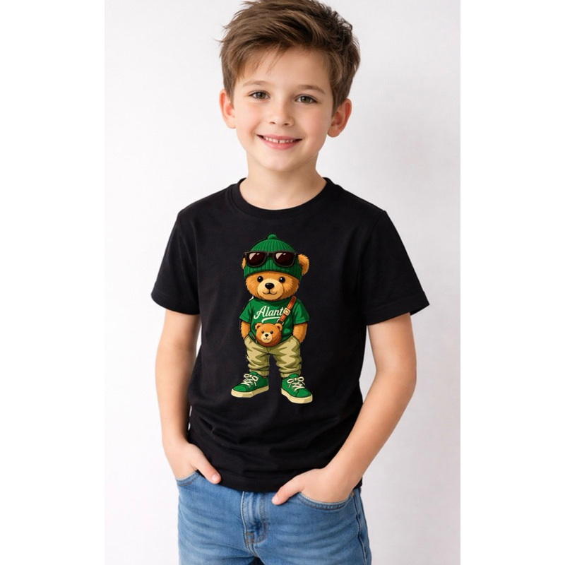 Camiseta Infantil Masculina Ursinho Estiloso Streetwear 100% Algodão Estampa DTF Confortável Moda Kids Envio Imediato