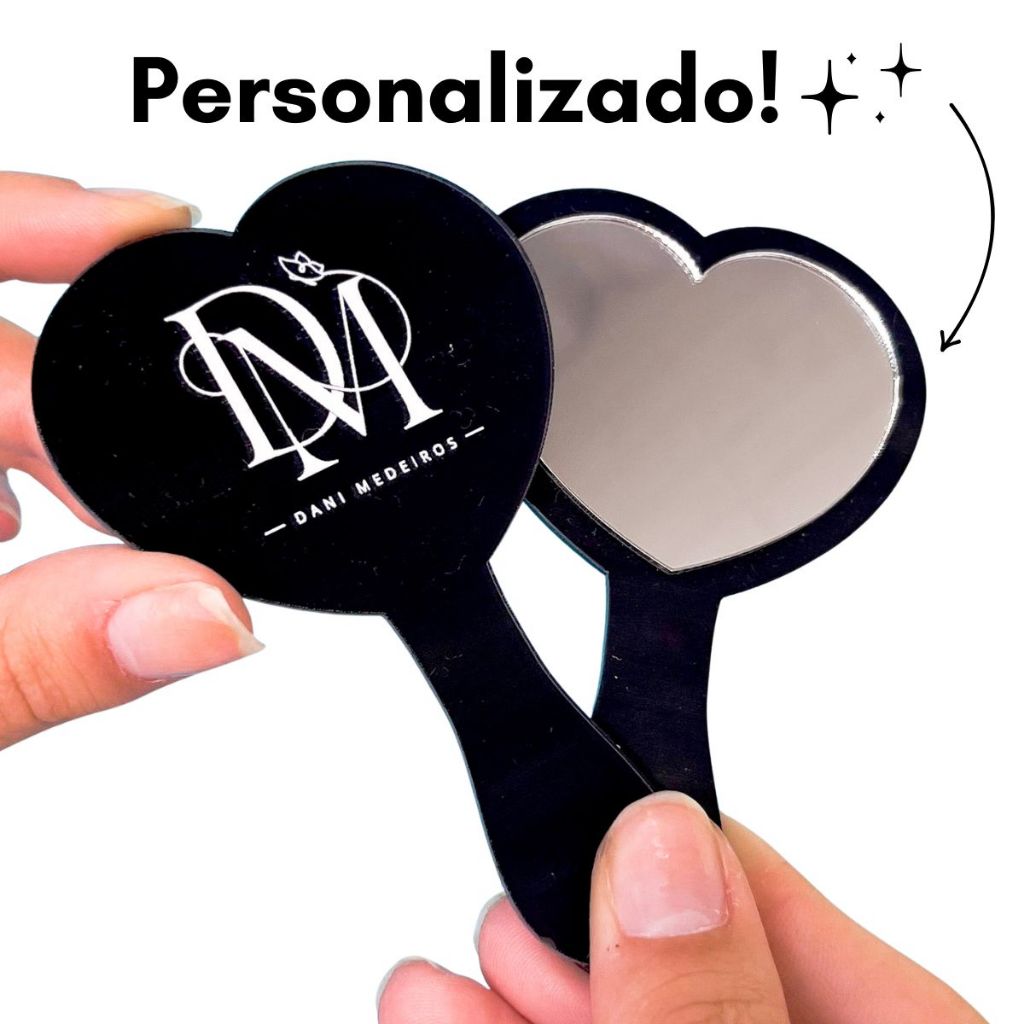 Espelho de Bolsa Personalizado Kit com 10 Logo Coração Mini Acrílico com Cabo Brinde Cliente