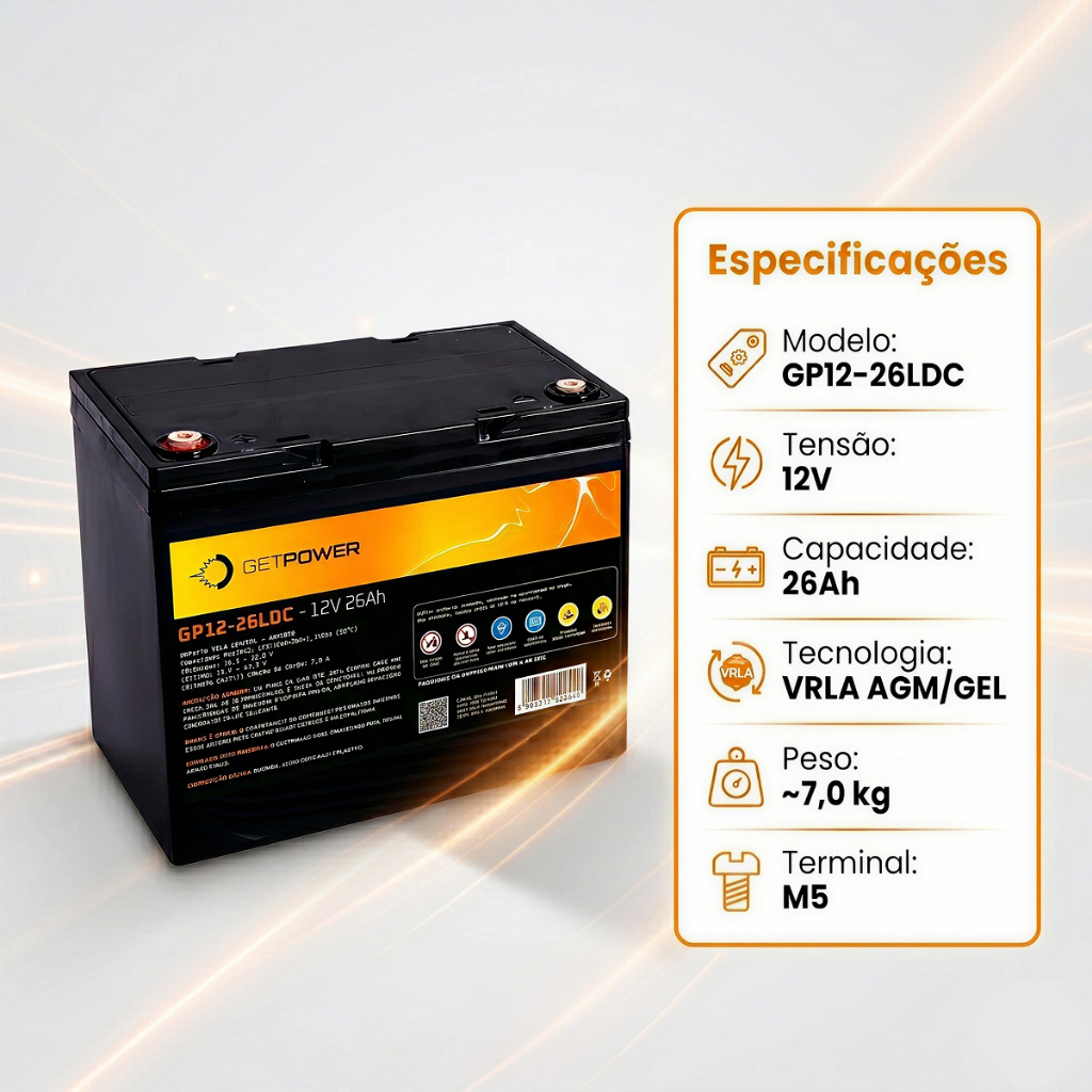 Bateria Selada 12V 26Ah GetPower GP12-26LDC Gel AGM Nobreak Cerca Elétrica Alarme Solar