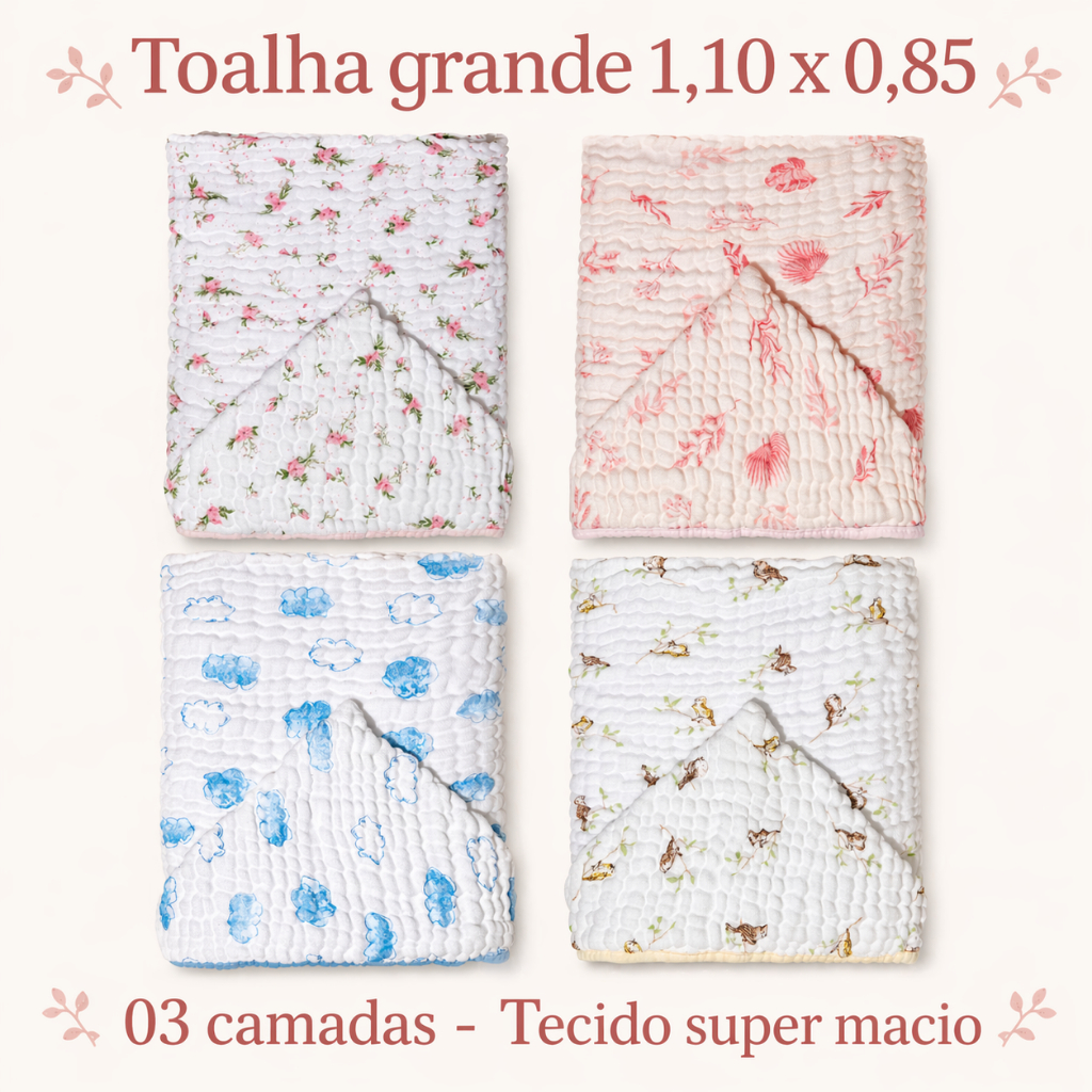 Toalhão de Banho para Bebê OU Criança com Capuz Tecido Fralda Soft 3 Camadas 110x85cm Papi