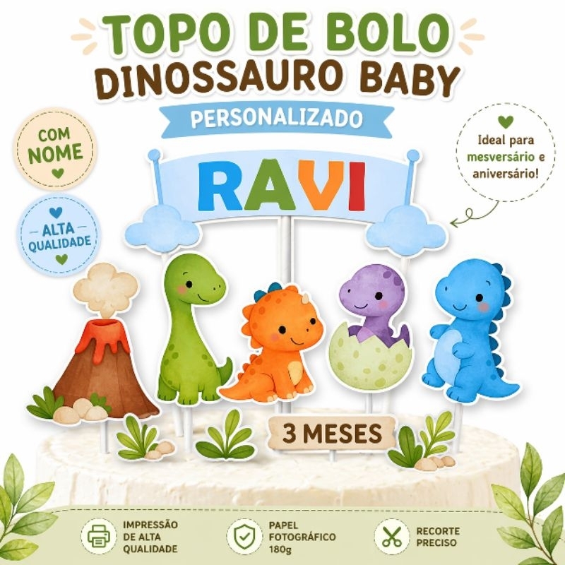 Topo de Bolo Dinossauro Baby Personalizado Mesversário Aniversário Com Nome Infantil