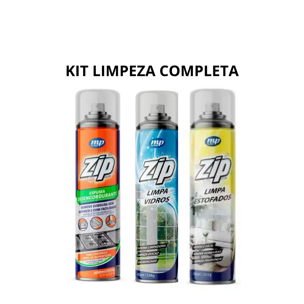 KIT LIMPEZA COMPLETA ZIP CLEAN LIMPA VIDROS + ESTOFADOS +DESENGORDURANTE