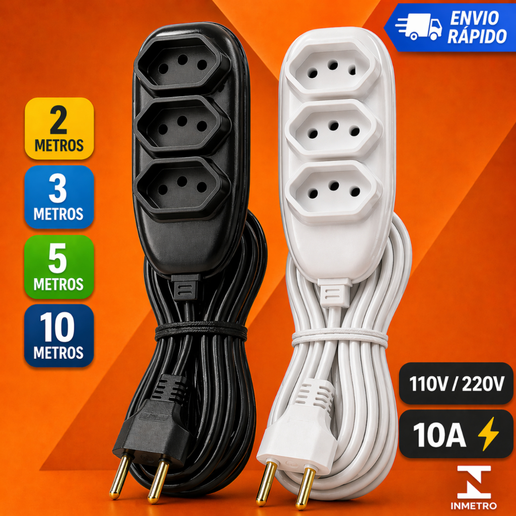 Extensão Elétrica 2, 3, 5 ou 10 METROS - BIVOLT 110/220V 10A TRIPOLAR RESISTENTE COR PRETA BRANCA
