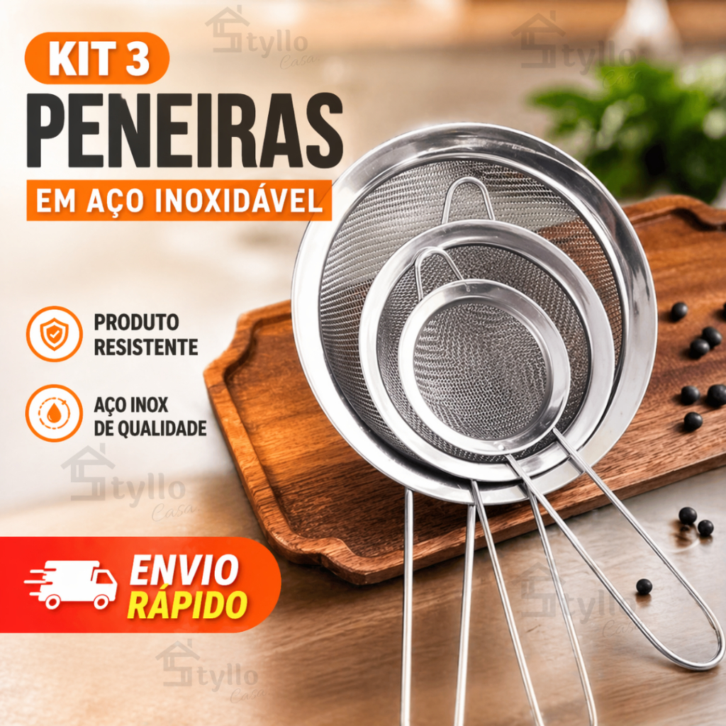 Jogo de Peneira Coador Cozinha Aço Inox Confeitaria Para Cozinha