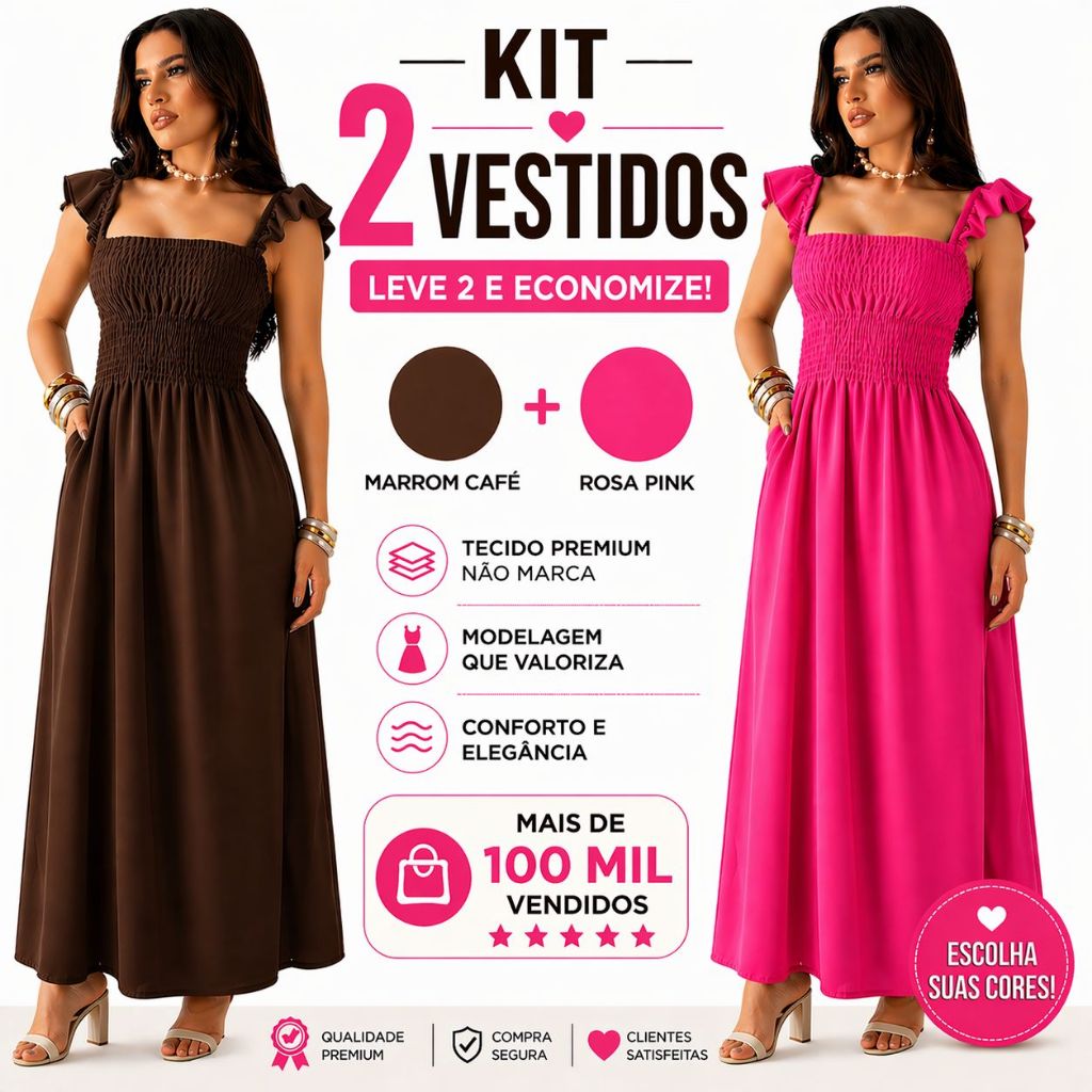 Kit 2 Vestidos Feminino Duna Longo Liso com Alças Babado Elástico na Cintura Elegante Festa Trabalho Moda Tendência