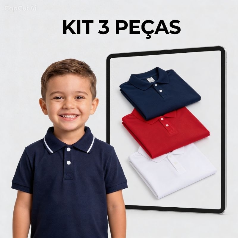 kit 3 peças Camisetas infantil, juvenil gola polo lisa no algodão