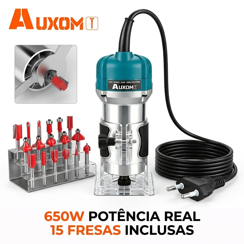 AUXOM Tupia Laminadora Profissional 650W 6 Velocidades 30000 RPM Com Kit 15 Fresas Para Madeira