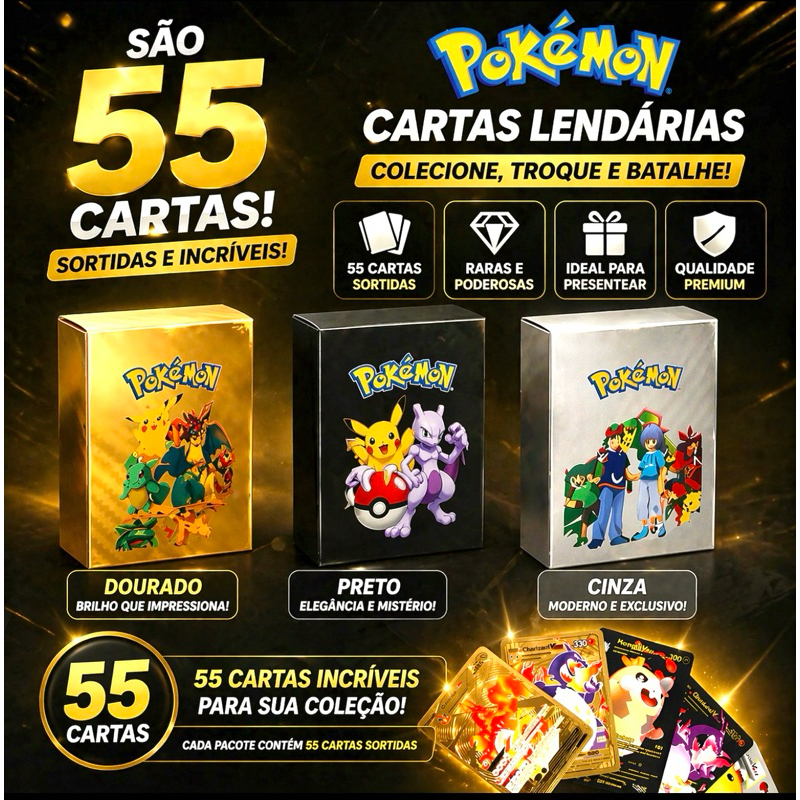 kit Pokémon com 55 OU 25 OU 9 Cartas TCG Lendárias - Dourado, Preto ou Cinza | Cartas Raras Colecionáveis