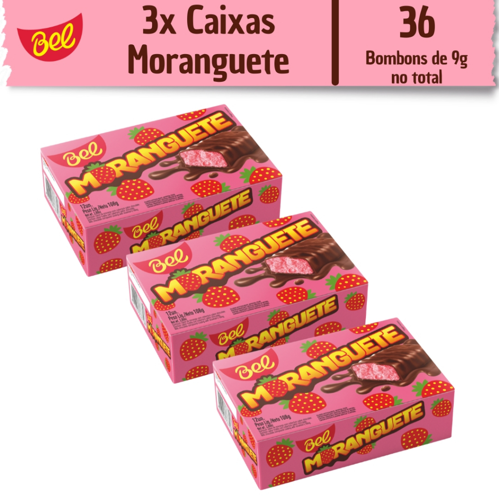 Kit 3x Caixas Bombom Moranguete com 12un de 9g Bel Sabor Morango com Cobertura Sabor Chocolate