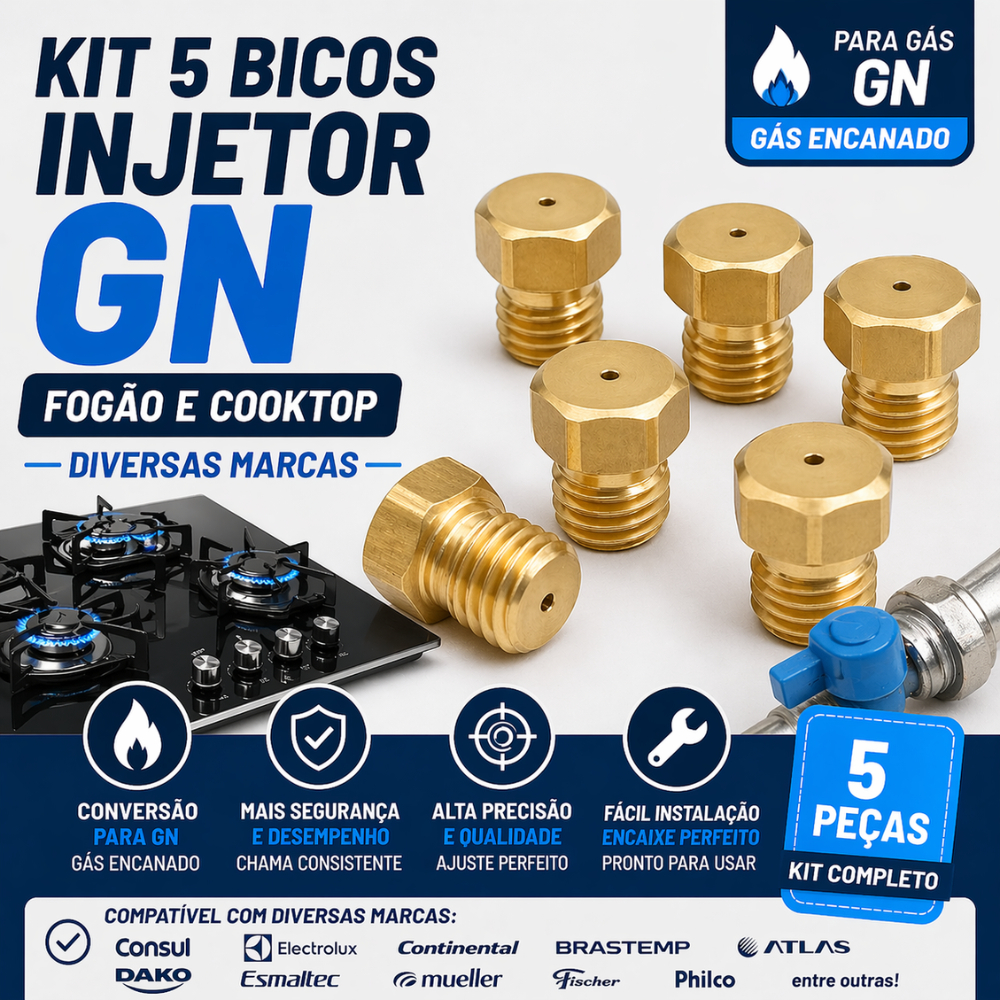 Kit 5 Bicos Injetores GN Fogão Cooktop Gás Encanado Conversão GLP para GN Universal