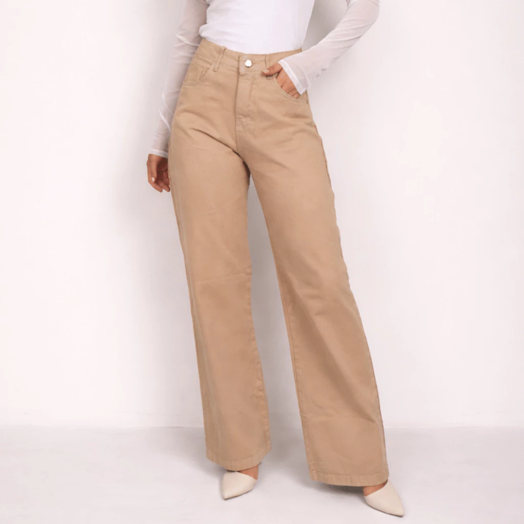 Calça Feminina Jeans Wide Leg Collors Tex Denim Jeans Lycra Cintura Média-alta Pantalona Elastano
