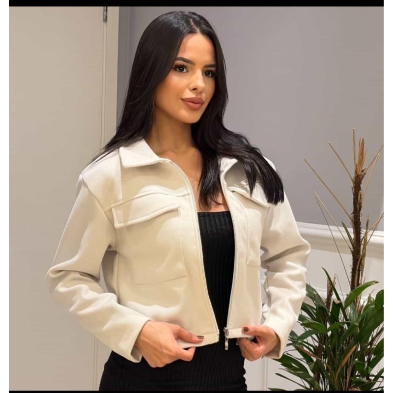 Jaqueta Cropped Feminina Lã Batida com Zíper Inverno Casual Elegante