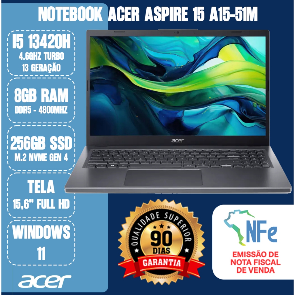 NOTEBOOK ACER ASPIRE 15 - I5 13420H / 8GB DDR5 / 256GB SSD NVME GEN 4 / 15,6" FHD / W11