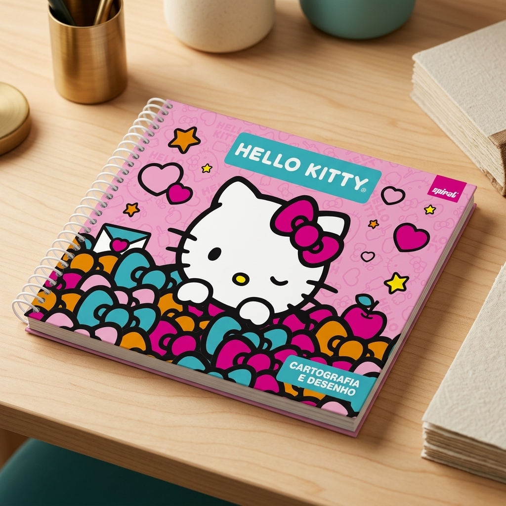 Caderno Cartografia e Desenho Capa Dura 48 Folhas Hello Kitty Rosa Volta as Aulas Arte