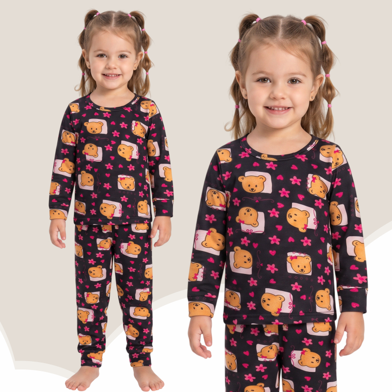 Conjunto Térmico Menina Infantil Calça E Blusa Estampa Ursinho Bebê Inverno Malha Peluciado Confortável