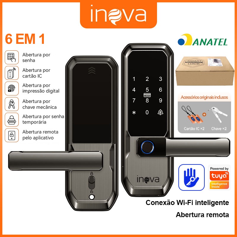 INOVA Fechadura Digital Eletronica Wi-Fi App TUYA Com Biometria Touch Senha Cartão Tag