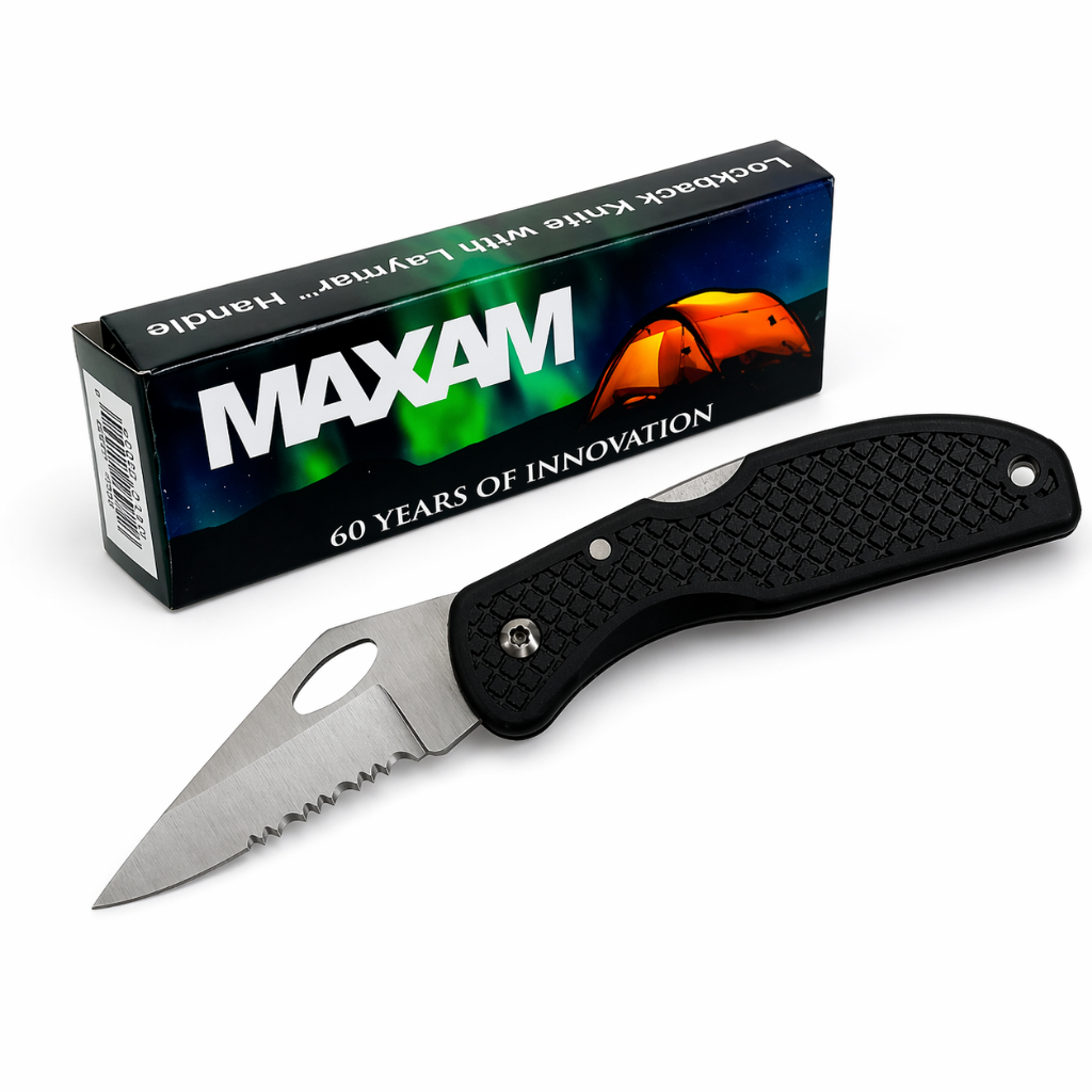 Canivete Maxam Dobrável Cabo Plástico Lâmina Aço Inox Serrilhada Compacto EDC Camping