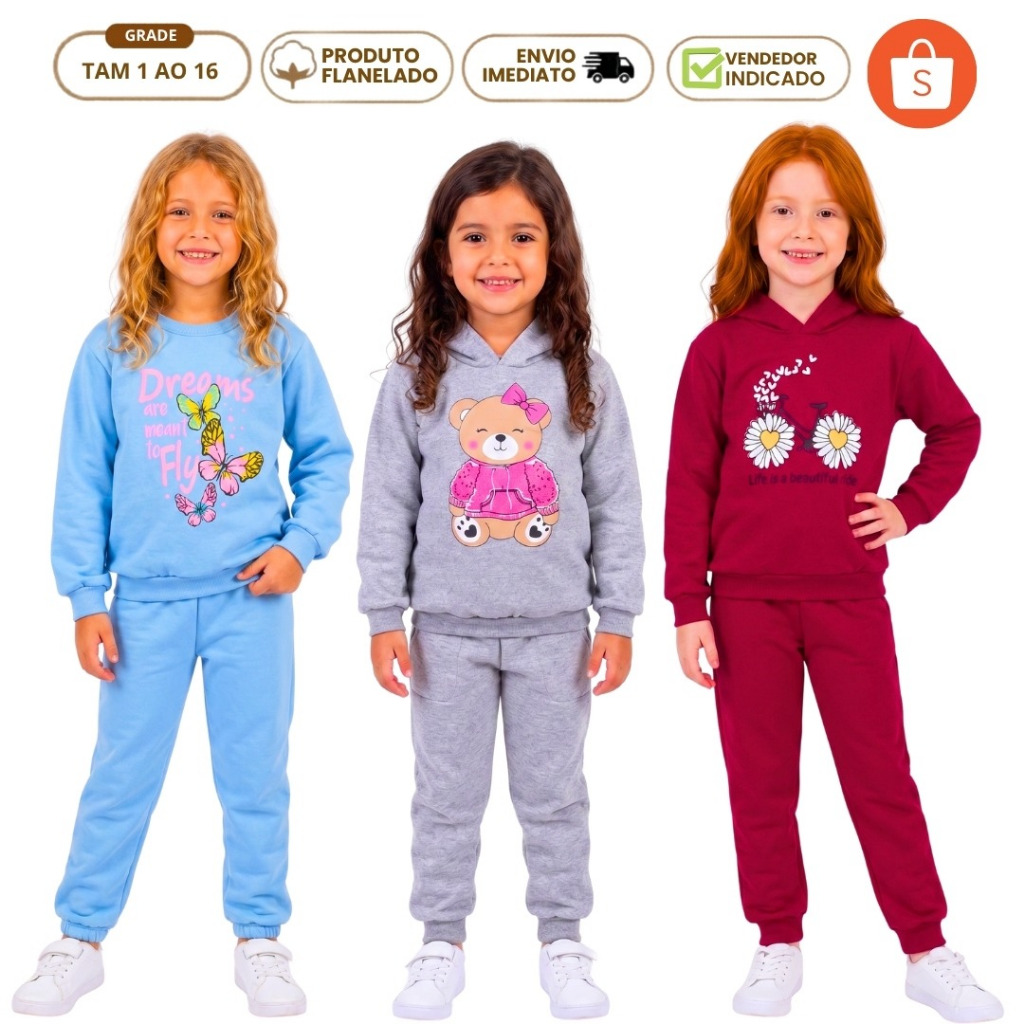 Kit 2 Moletom Infantil Conjunto Menina Inverno Calça Forrada Punho Blusa Feminina Flanelada 1 a 16 anos