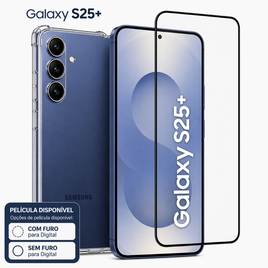 Kit 2 em 1 - Samsung Galaxy S25 Plus (S25+) - Capa Transparente + Película de Vidro 3D
