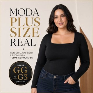 Body Feminino Decote Quadrado Plus Size 48 ao 54 Manga Longa Suplex Forro Busto Conforto e Estilo