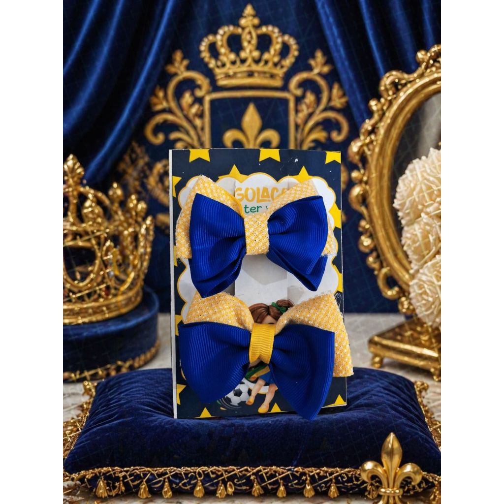 Kit 2 Laços Infantil Azul e Amarelo Luxo | Laço Boutique Menina | Presilha Antideslizante Premium
