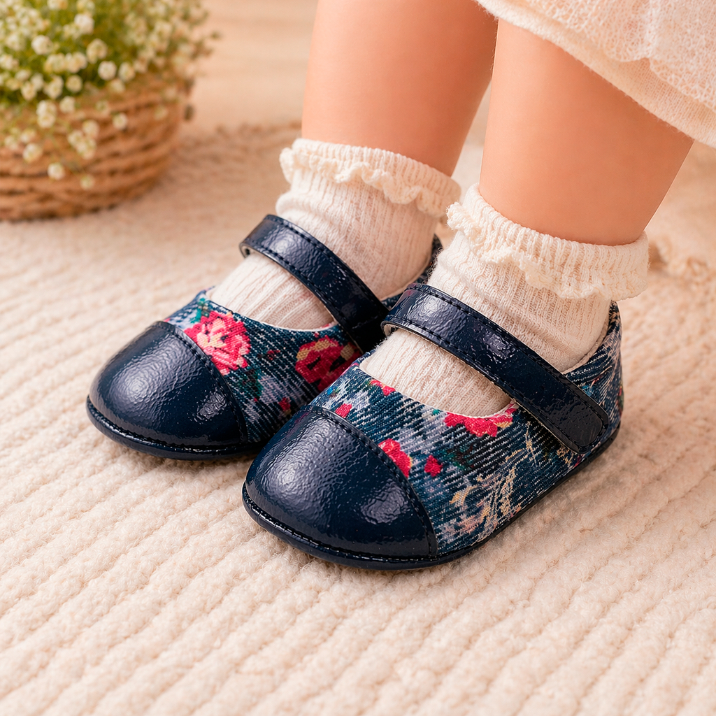 Sapatilha Bebê Feminina Floral Azul Marinho com Verniz – Estilo Boneca Elegante com Velcro