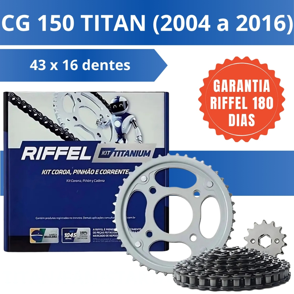 Kit Relação Transmissão CG 150 Sport 2004 A 2016 Riffel Titanium Aço 1045 Peças Completa Para Moto 71827-H