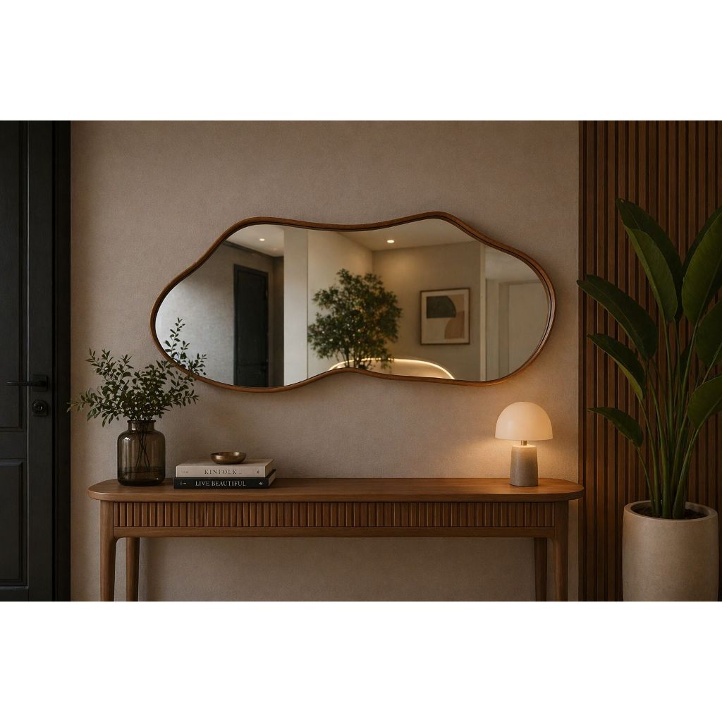 ESPELHO DECORATIVO ORGÂNICO 1,10X0,45 MODERNO CORPO TODO MOLDURA DE MADEIRA