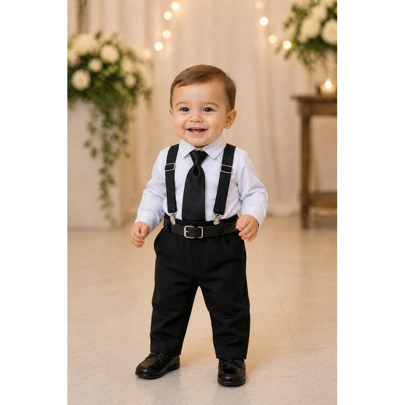 Conjunto Social Infantil Menino Batizado Casamento Pajem Luxo com Suspensório e Gravata - 1 a 3 anos.