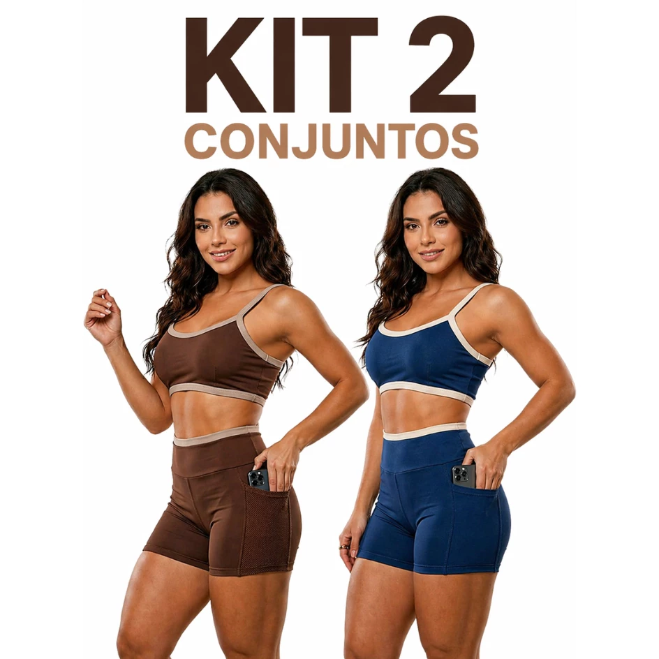 Conjunto Academia Treino Kit 2 Top e Short Forrados Zero Transparência Feminino Fitness Premium Corrida Crossfit Treino — imagem 1