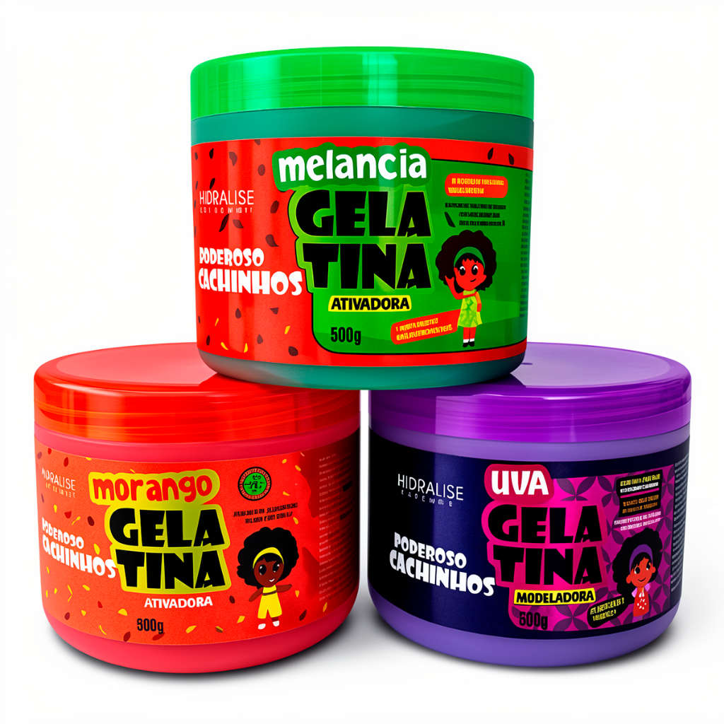 Gelatina Kids 500g - Ativa Cachos, Nutre e Define Morango, Uva, Melancia Resultado Imediato