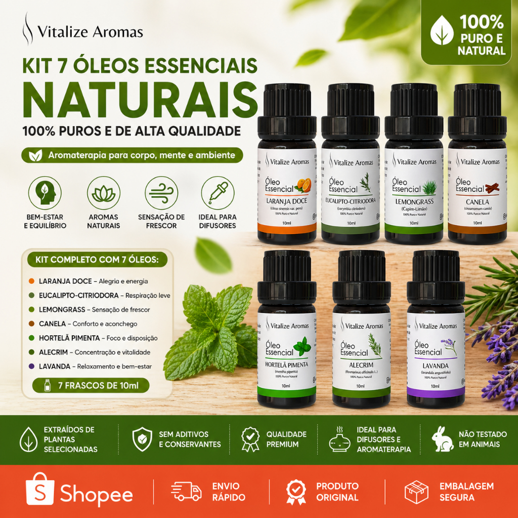 Kit Completo 7 Óleos Essenciais | Relaxamento, Energia, Respiração, Foco