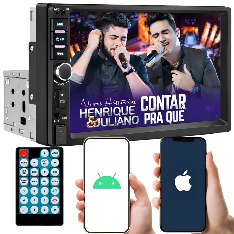 Central Multimídia 1Din 7" MP5 Automotiva Bluetooth Espelhamento Android iOS USB Touch Screen Carro