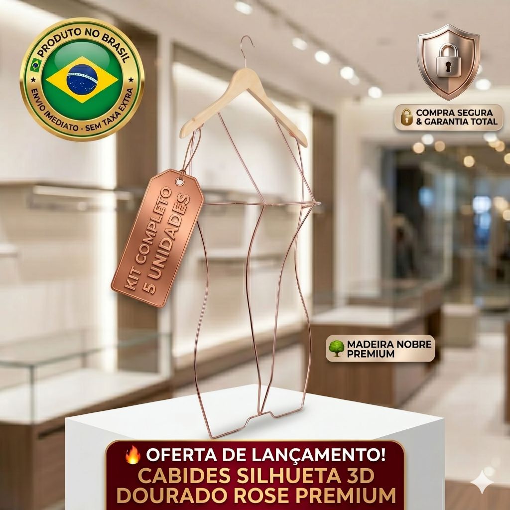 Kit 5 Cabide 3d Madeira Silhueta De Metal  Collant Bikini Adulto Feminino Dourado Rose Loja
