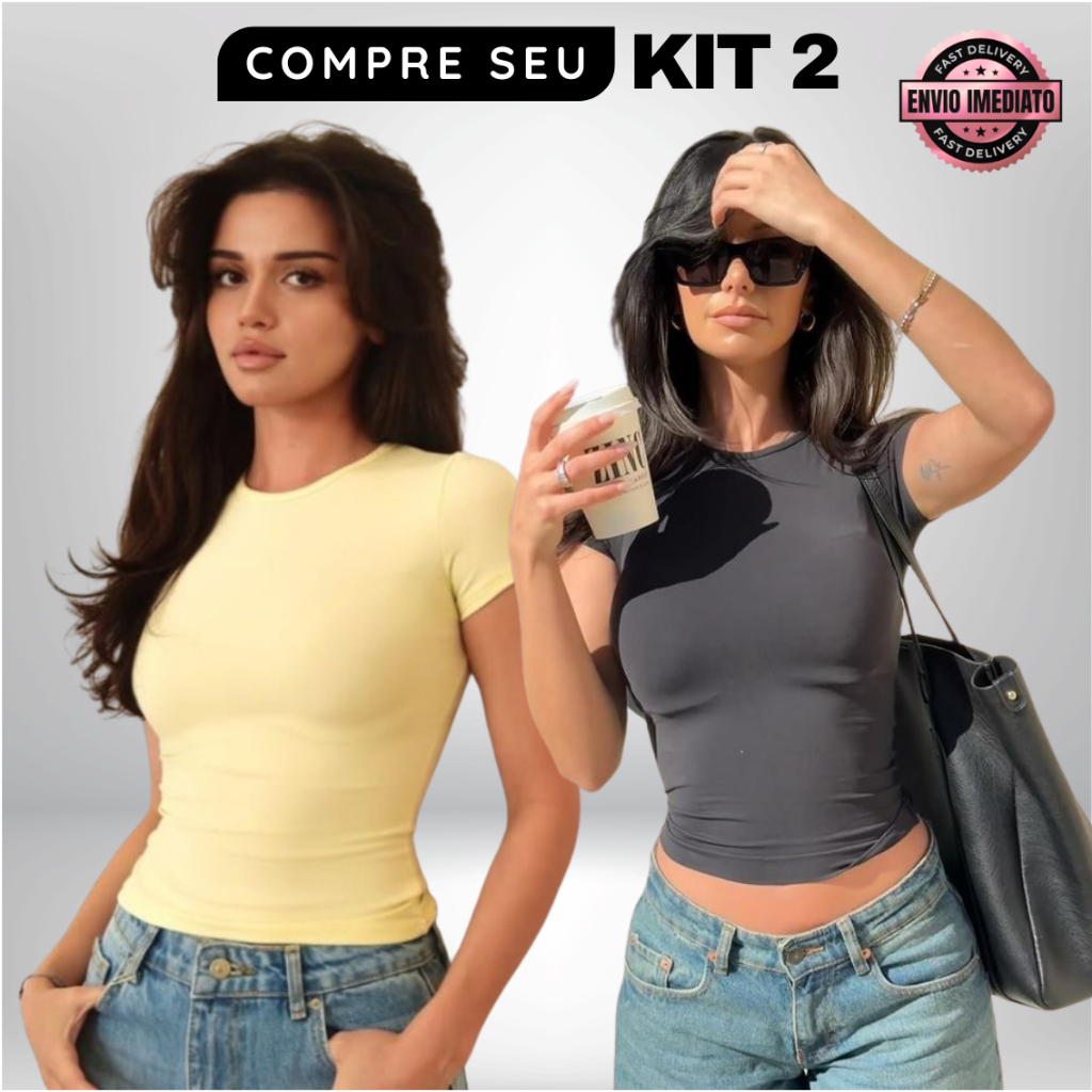 Kit 2 Camisa Baby Look Feminina Baby Tee Blusa Slim Fit Manga Curta Academia