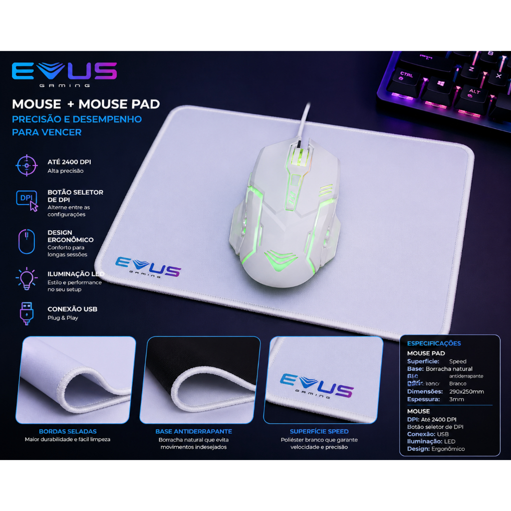 Mouse Gamer Evus MO-09 2400 DPI USB E Mouse Pad Branco Ambidestro Profissional …