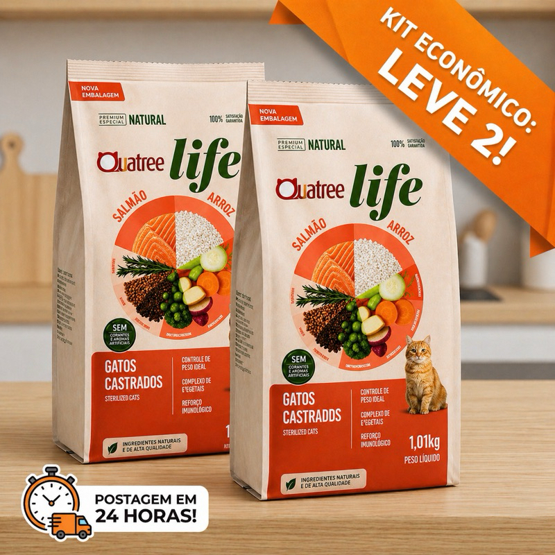 Ração Gato Castrado Quatree Life Salmão 1kg Kit com 2kg Premium Natural | Gatos Castrados