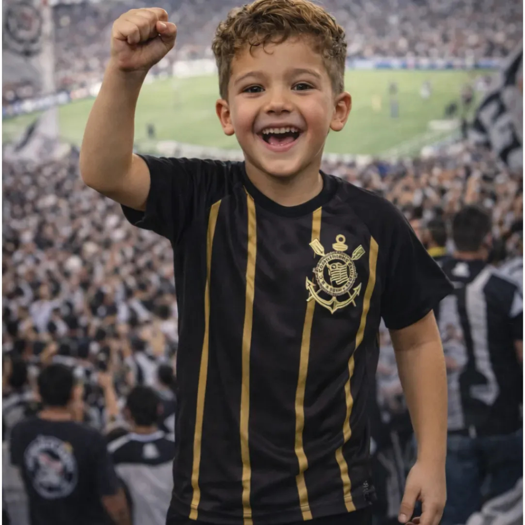 Camisa Infantil Corinthians Dry Fit Preto/Dourado Licenciada Coimbra