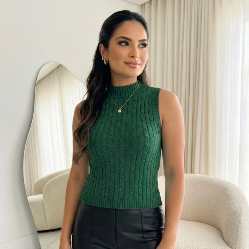 Regata Feminina Tricot Trancinha Gola Alta Verão Elegante Moda Blogueira Luxo Lançamento
