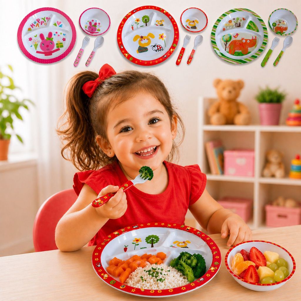 Kit  Alimentação Pratinho Melanina Com Garfo e Faca  Infantil Bebê Primeira Idade
