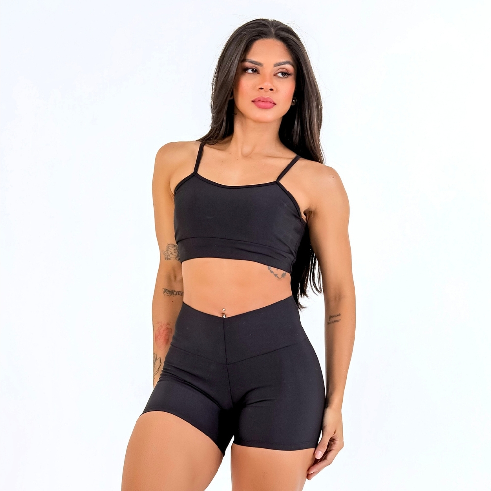 Conjunto Fitness Feminino Top Alcinha + Short Sem Transparência Alta Compressão Academia Minay