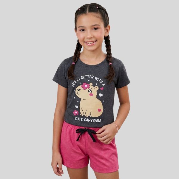 Conjunto Infantil Menina Capivara Blusa Preto Mescla Estampada Shorts Meia Malha Algodão Roupa Infantil Feminina