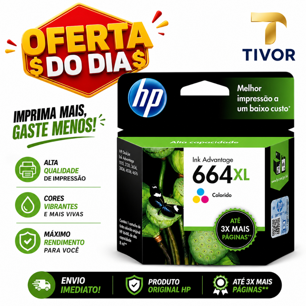 Cartucho 664XL Color Colorido  Original Lacrado (f6v30ab) -Impressoras Deskjet Compativél 2136 2676 3776 3636