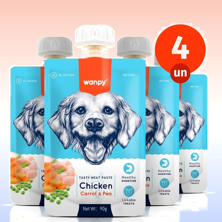 Kit 4 Petisco Truly Wanpy Creamy Sachê para Cães Frango, Cenoura e Ervilha 90 G