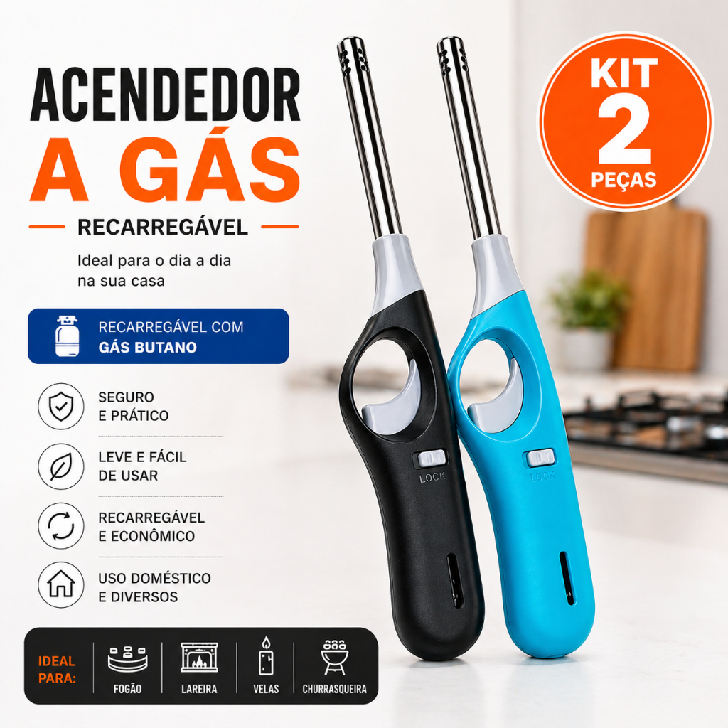 Imagem Kit 2 Acendedor a Gás Recarregável Longo Profissional Fogão Churrasqueira Lareira Vela